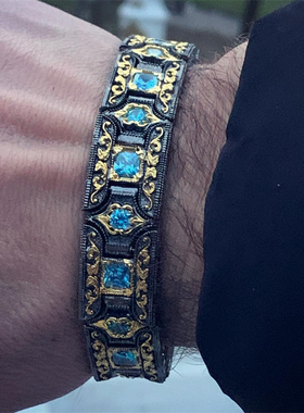 SELIM土耳其复古宫廷海蓝宝石戒指男式手链手工雕刻个性小众饰品