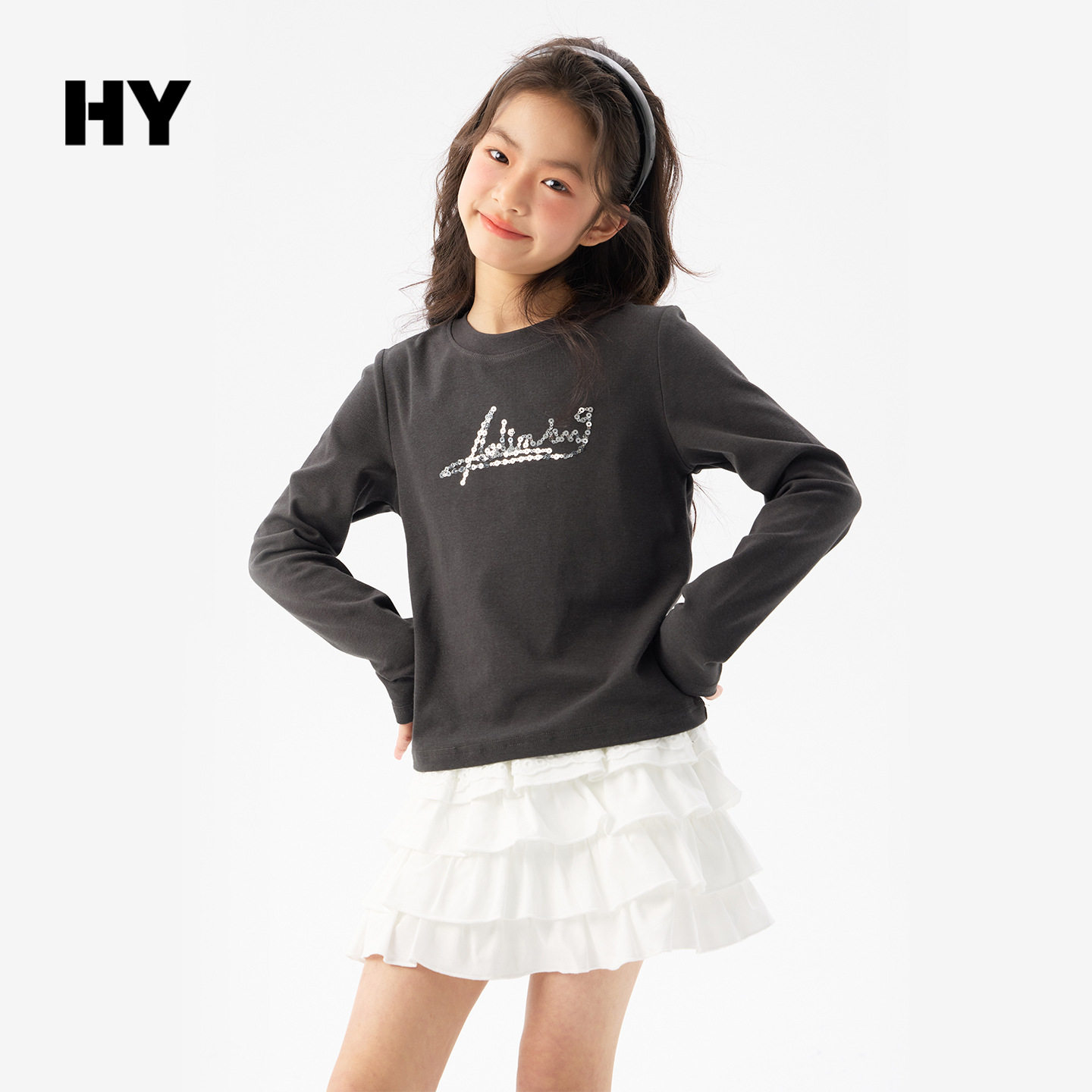 潮女童长袖T恤26春新款洋气女孩圆领打底衫内搭时尚灰绿色120~170