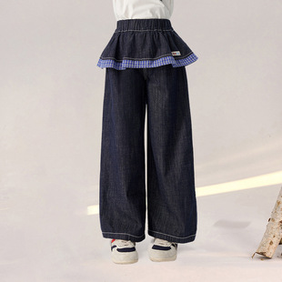 中大女童裙摆牛仔裤26春新款女孩撞色拼接阔腿裤亲子时尚长裤蓝色