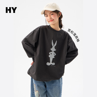 中大女童长袖T恤春26新款洋气女孩兔子印花卫衣打底套头衫深灰色