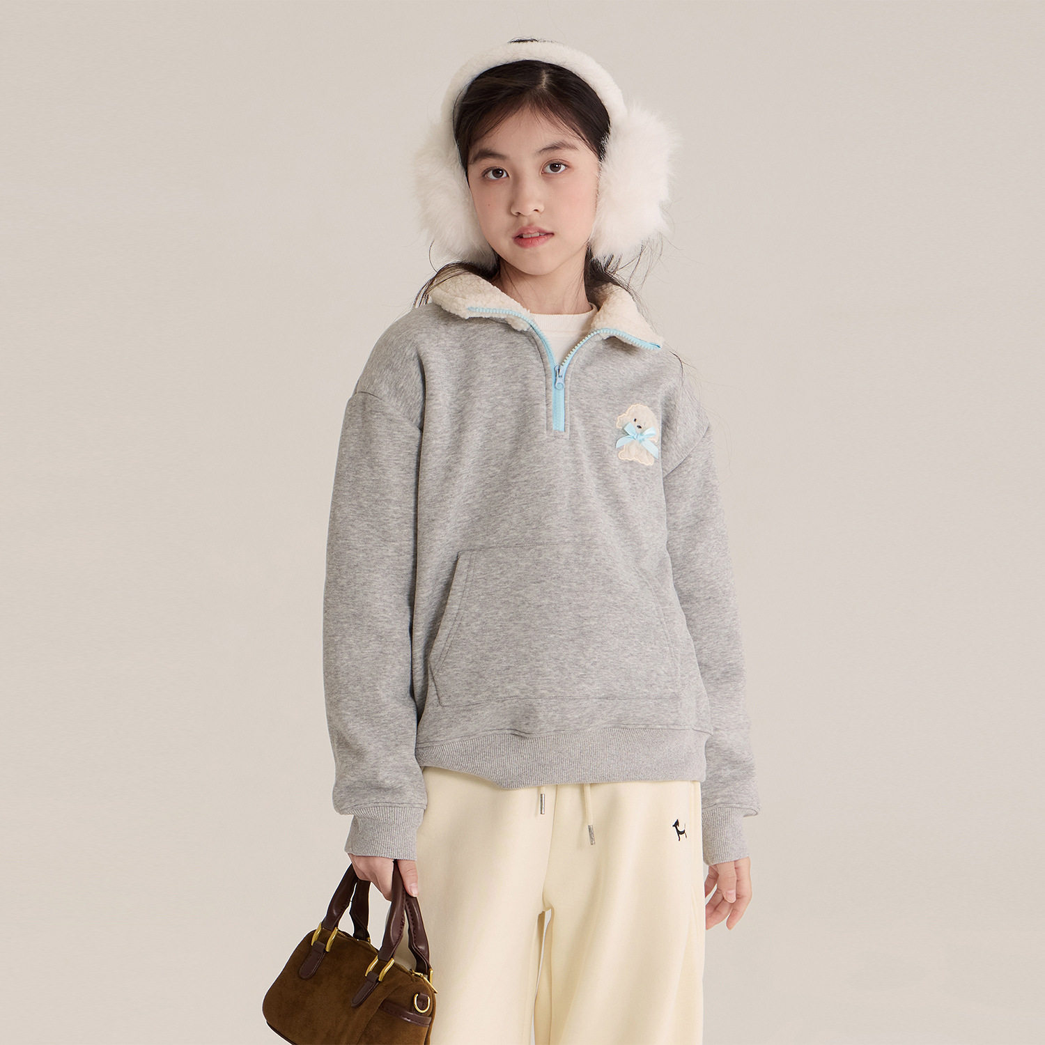 女孩毛领刺绣卫衣冬新款女童韩系半拉链宽松加绒上衣灰色130~170