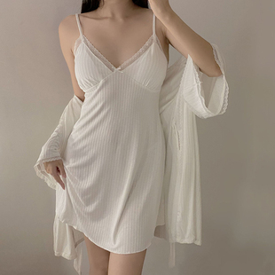 莫代尔睡衣女春夏季 长袖 家居服舒适简约V领性感吊带睡裙睡袍韩版