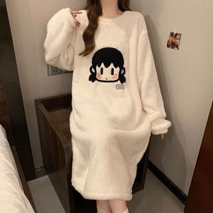 珊瑚绒睡裙女中长款睡衣女秋冬季韩版卡通孕妇可外穿法兰绒连衣裙