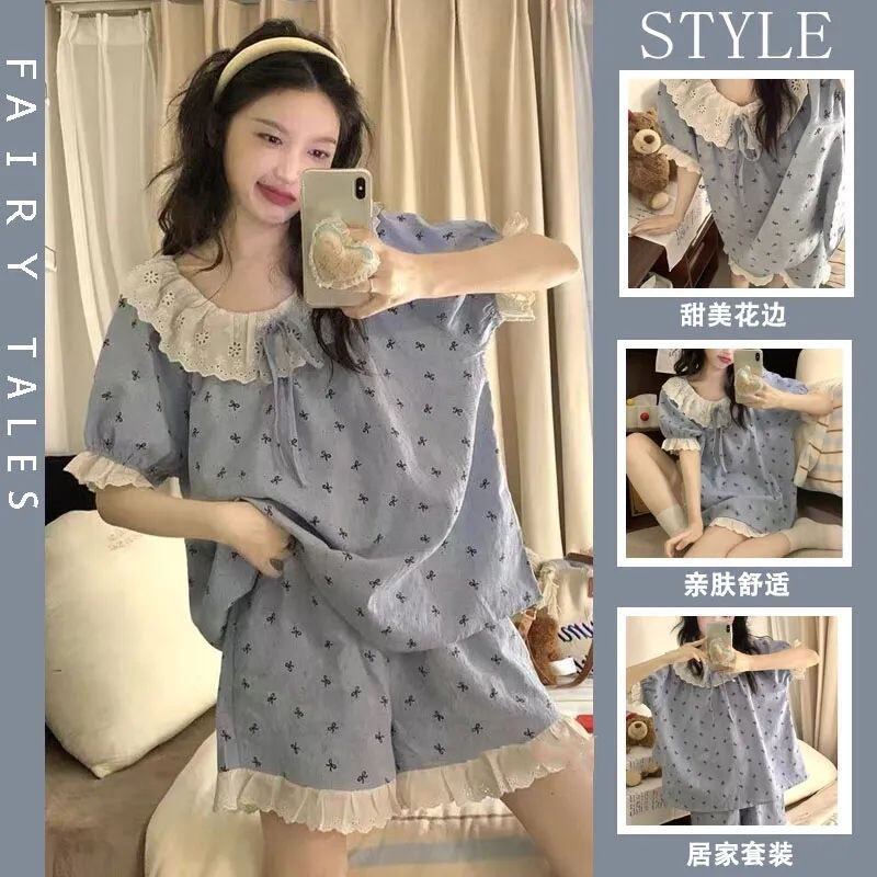 夏季公主风睡衣女款韩版甜美云朵棉花边娃娃领短袖宽松家居服套装