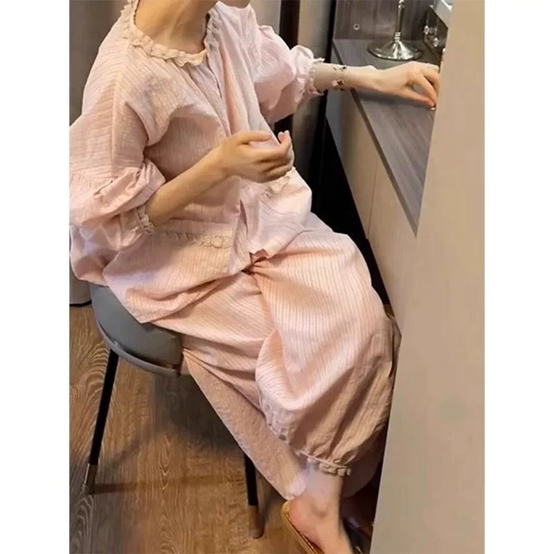 睡衣女春秋季2026新款纯色蕾丝花边长袖长裤甜夏天可爱家居服套装