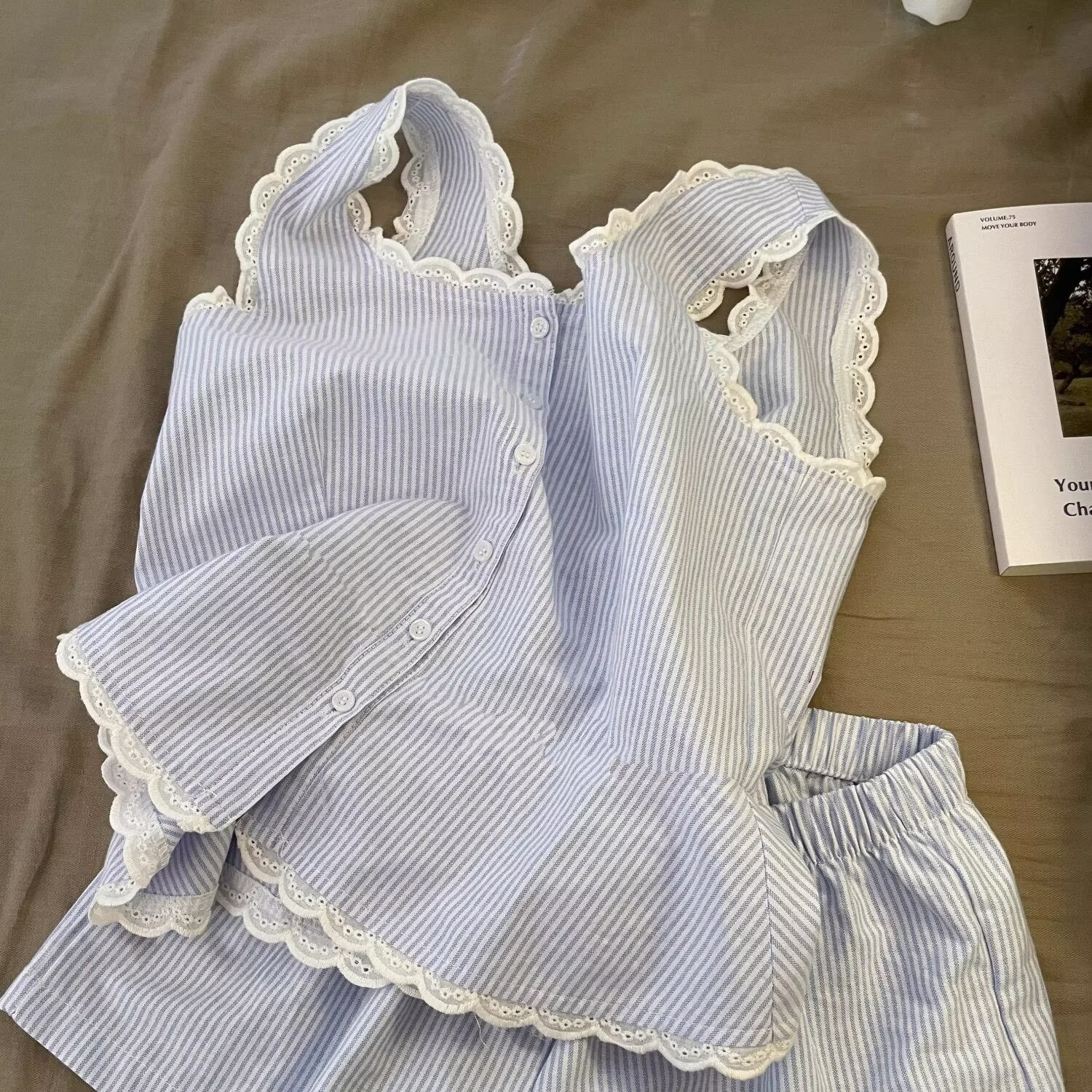 ins条纹花边睡衣女新款夏季日系简约纯棉背心短裤夏天家居服套装