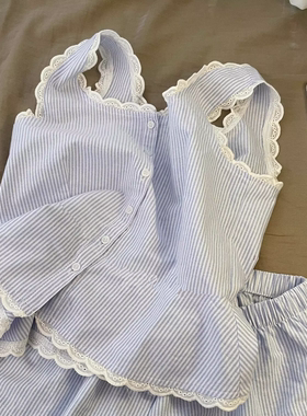 ins条纹花边睡衣女新款夏季日系简约纯棉背心短裤夏天家居服套装