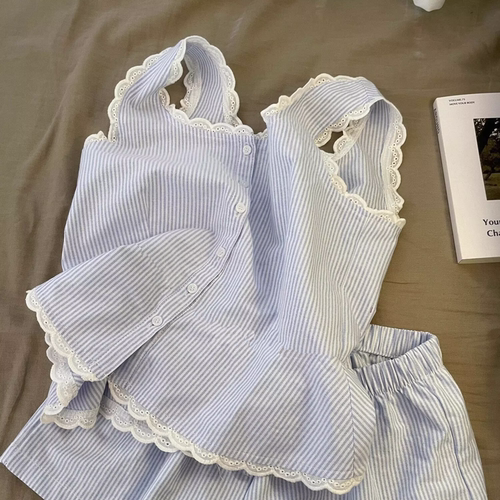 ins条纹花边睡衣女新款夏季日系简约纯棉背心短裤夏天家居服套装