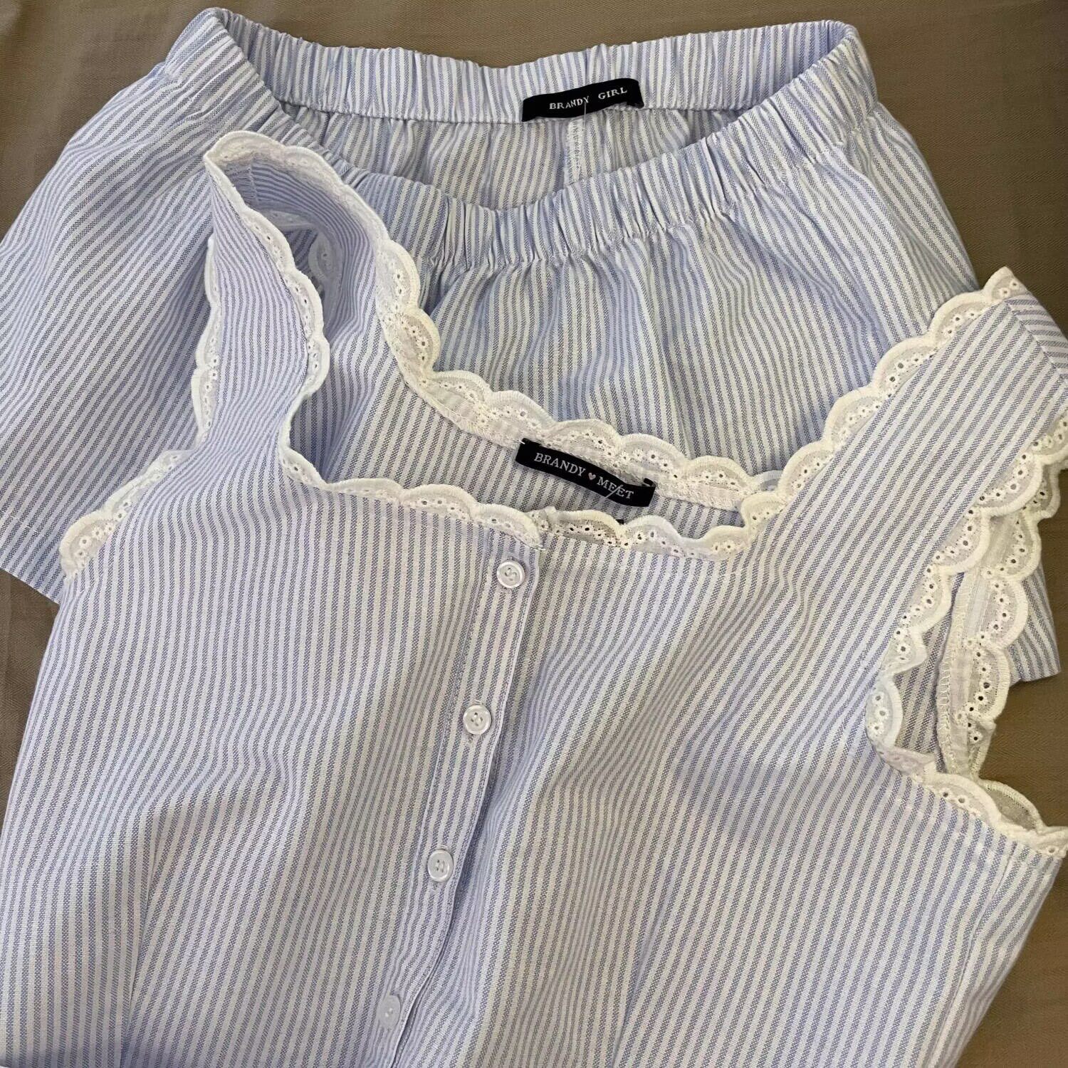 条纹简约睡衣女款夏季日系纯棉花边背心短裤夏天家居服套可外穿