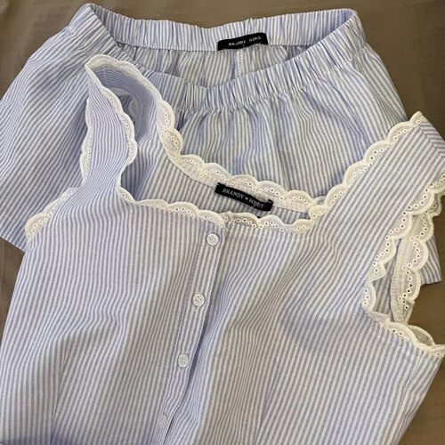 条纹简约睡衣女款夏季日系纯棉花边背心短裤夏天家居服套可外穿