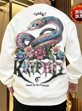 长袖花卉蛇新品加绒卫衣男秋冬款国潮风动物图案青年宽松潮流T恤