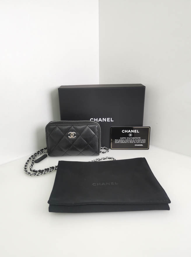 【桔梗中古屋】98新CHANEL 黑色荔枝牛皮银链零钱包卡包