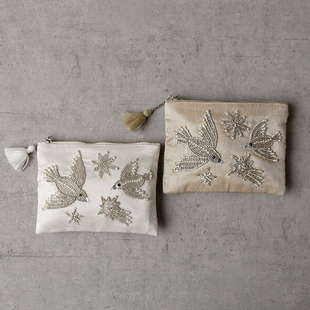 日本进口COTTAGE印度飞鸟流苏手工刺绣串珠收纳包首饰包化妆包袋
