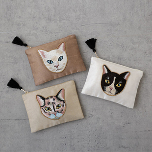 日本进口COTTAGE印度猫咪草莓流苏手工刺绣串珠收纳首饰化妆包袋