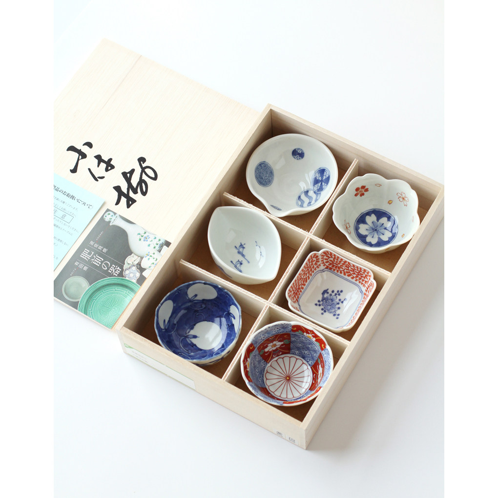 日本原装进口有田烧六种花型小菜深碟木盒装日式料理小碗礼物礼盒