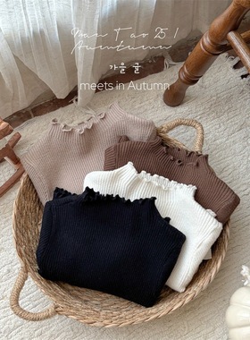 儿童打底衫半高领花边毛衣中大童秋冬内搭上衣修身打底针织衫