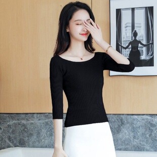 冰丝纯色简约薄款 女装 套头一字肩修身 针织衫 上衣 半袖 2026夏新款