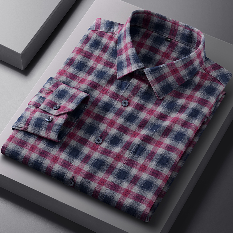 春秋季纯棉格子长袖衬衫中老年男式全棉格子衫休闲宽松有口袋开衫