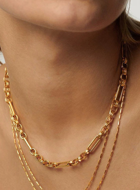 双层叠带项链女锁骨链黄铜镀k金