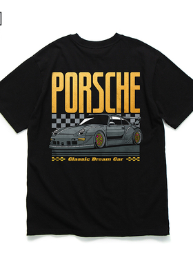 保时捷911烫金短袖赛车改装车文化衫个性印花夏季男生正肩纯棉T恤