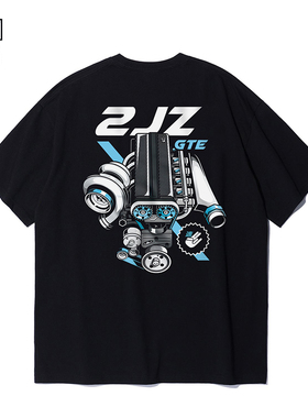 2JZ涡轮发动机T恤 经典JDM文化引擎印花男士短袖纯棉圆领运动体恤