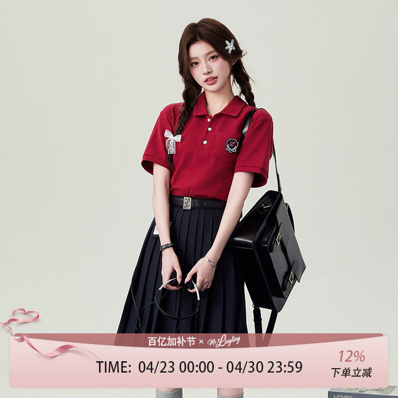 花铃太太新款jk制服徽章休闲短袖polo衫学院风纯色夏宽松衬衫上衣