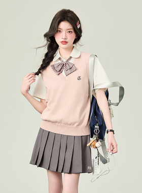 花铃太太哲之道针织马甲秋款学院风毛衣针织短袖穿搭薄款女jk制服