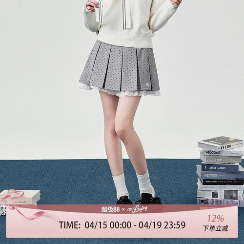 花铃太太jk制服新品春款浅灰色波点花边箱褶短裙高腰学院风半身裙
