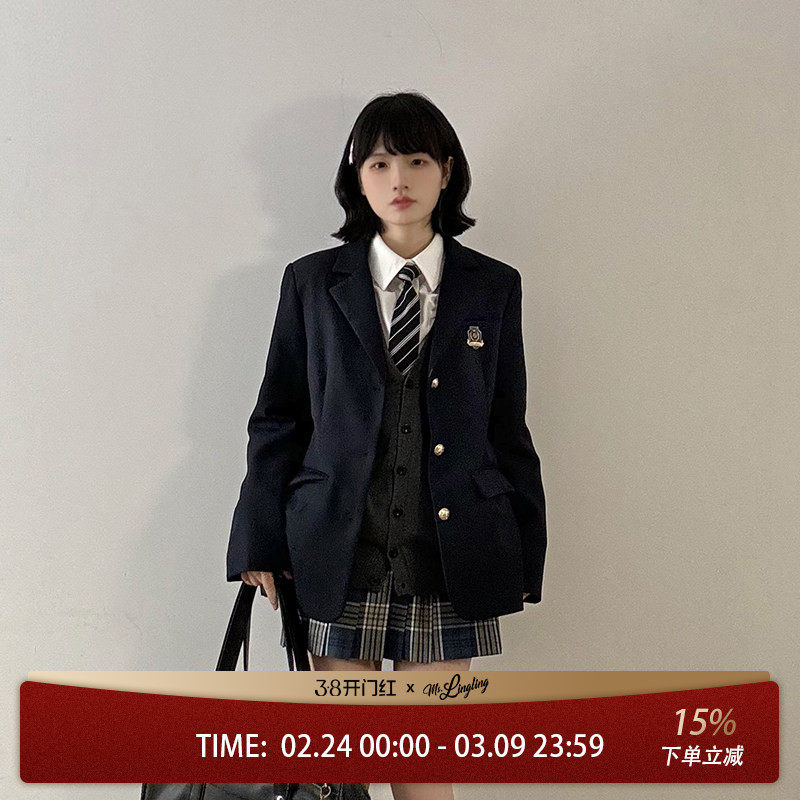 藏蓝色西装外套女春季英伦学院风原创JK制服校供学生班服西服上衣