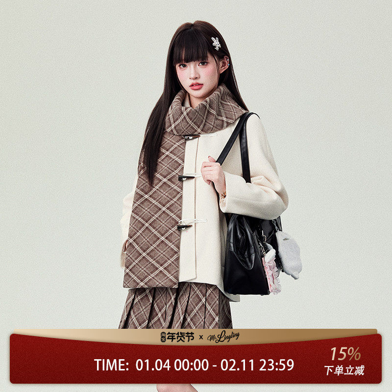 花铃太太牛角扣学院风大衣秋冬新款女小个子白色毛呢外套围巾套装,女装/女士精品,时尚套装,淘宝优惠券,粉丝福利购,淘宝优惠卷