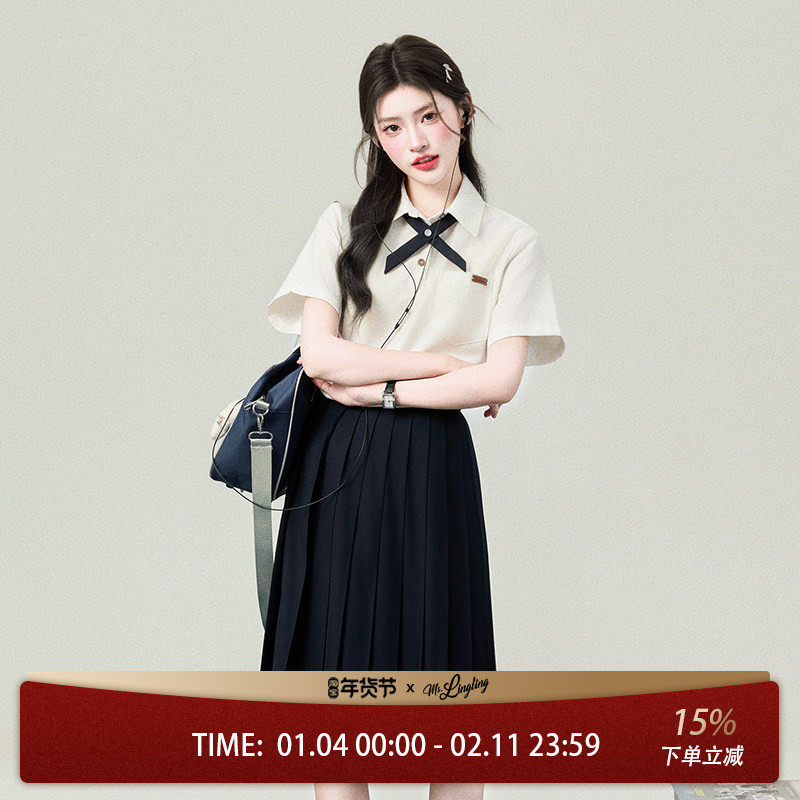 花铃太太polo领套头白色衬衫学院风夏季短袖衬衣女jk制服短袖套装