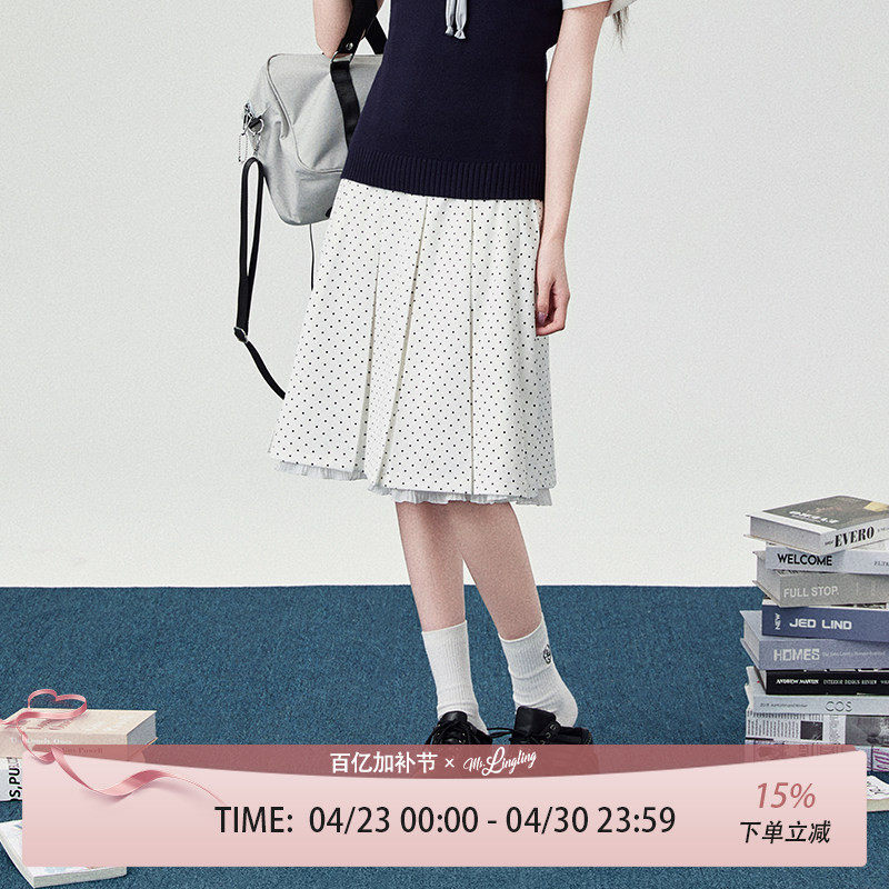 花铃太太春款jk制服半身裙白色校供高腰优雅百搭波点箱褶花边长裙