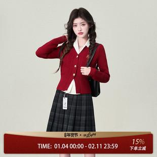 花铃太太麻花针织开衫外套新年女春季新款学院风气质显瘦红色毛衣