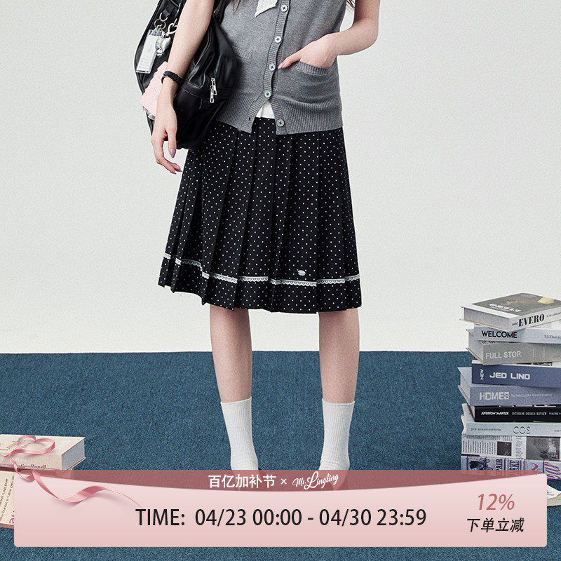 花铃太太2026年新款jk制服裙春季女装波点轮褶长裙高腰黑色百褶裙