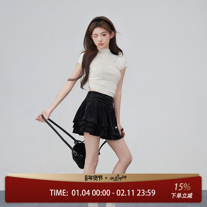 花铃太太jk制服裙白色半身裙黑色丝绒蛋糕裙学院风套装小个子女夏