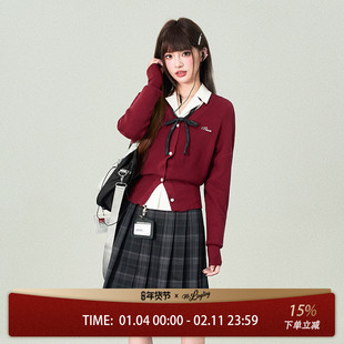 花铃太太jk学院风学姐开衫女款新品酒红色校供感收腰日系短款针织