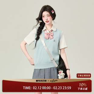 花铃太太哲之道针织马甲春款毛衣针织短袖蓝色背心女jk制服套装