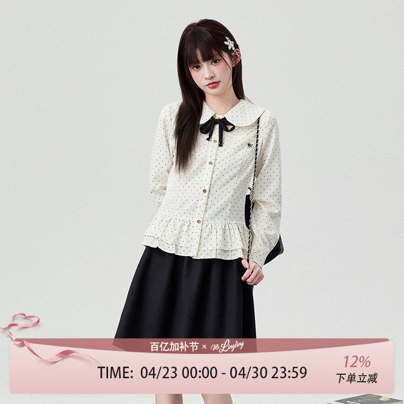 花铃太太春夏新品撞色扣娃娃领花边衬衫2026年学院风甜美波点衬衣