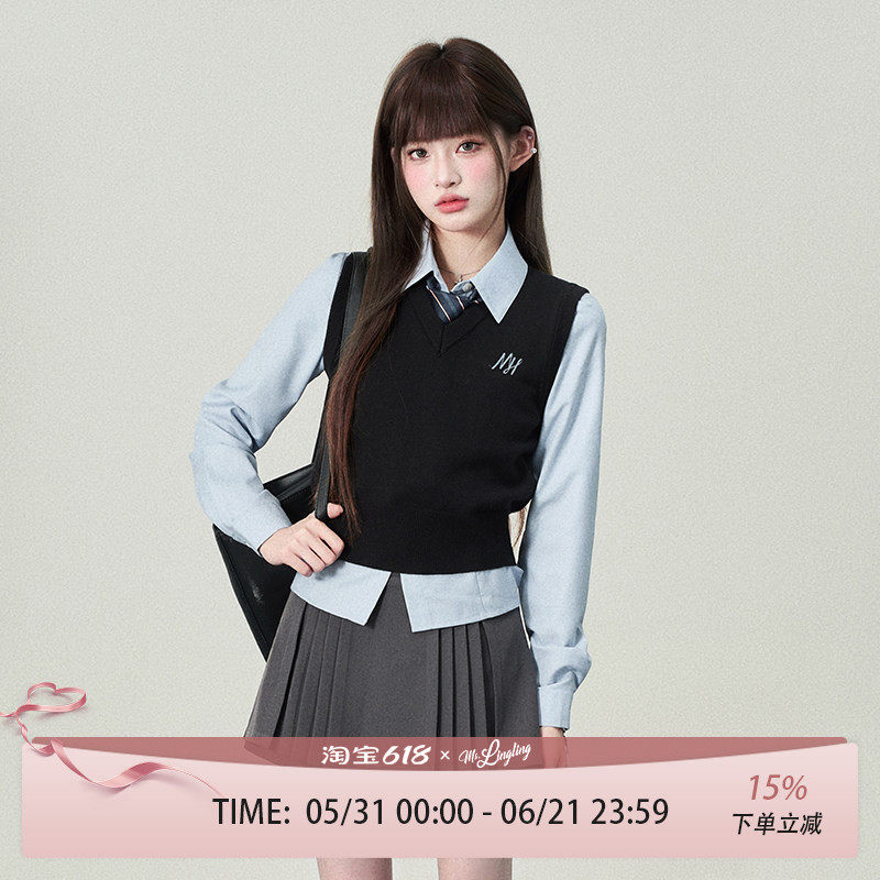 花铃太太原创jk制服清谭大韩式制服背心女款针织叠穿学院风黑马甲