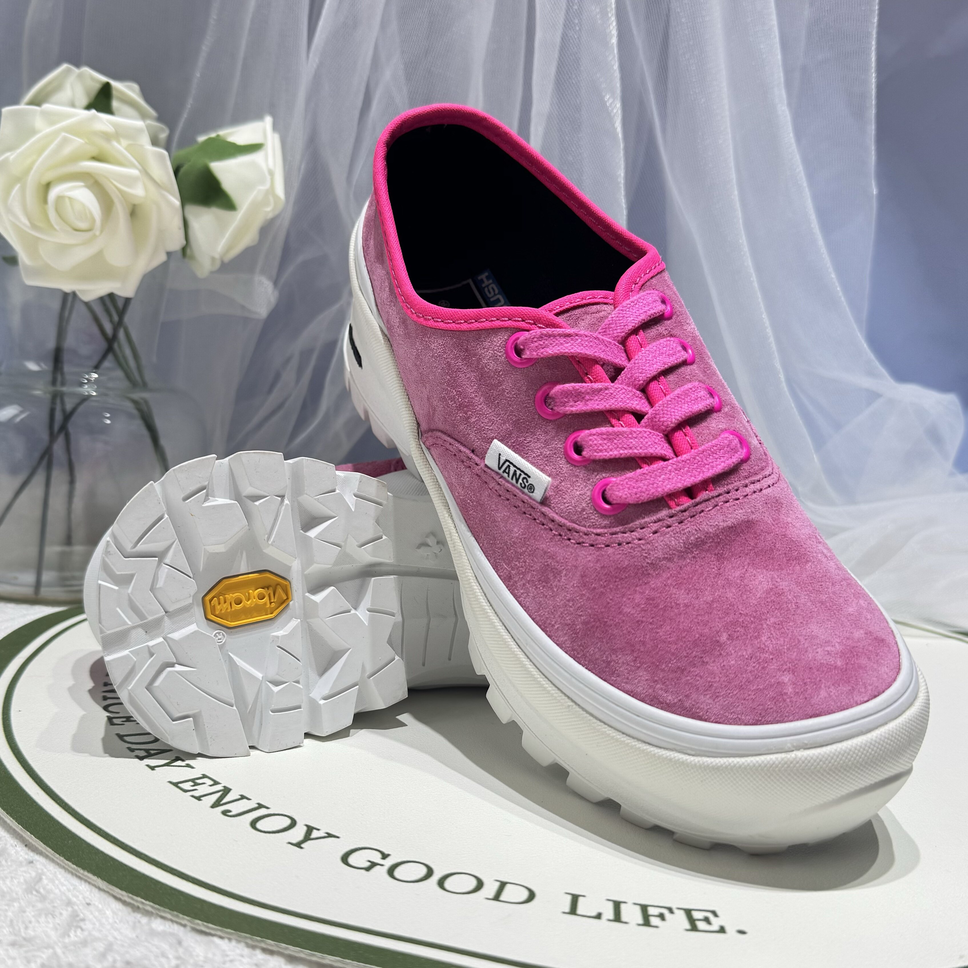 Vans Authentic增高防滑钻石大底玫红色男女同款板鞋VN0A5JLWG7V