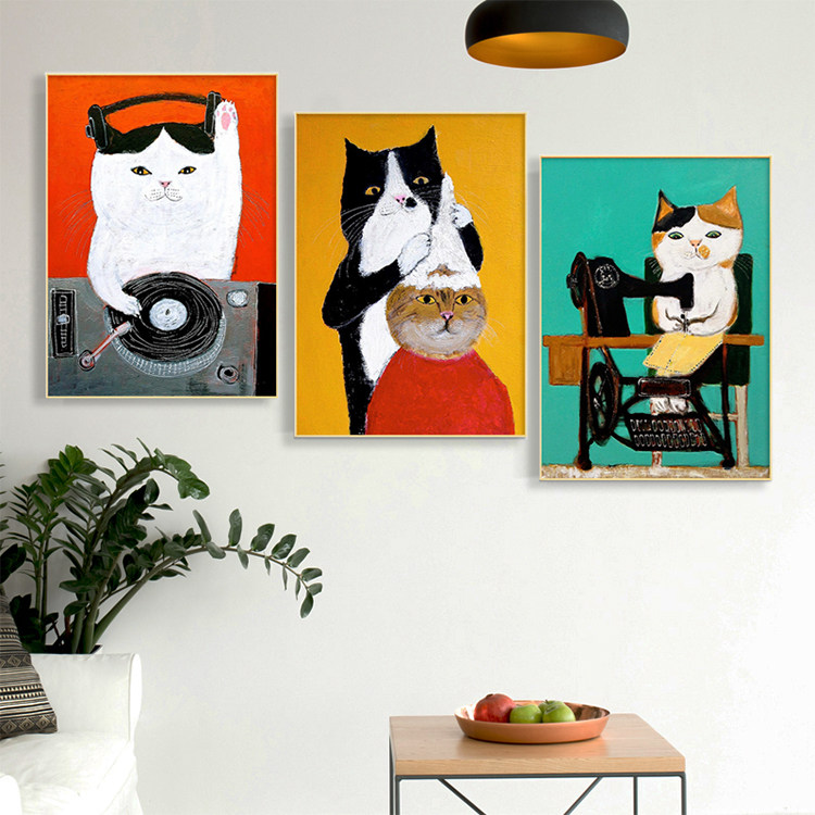 猫咪理发师现代简约搞笑创意可爱猫咪装饰画幽默理发店墙挂画壁画