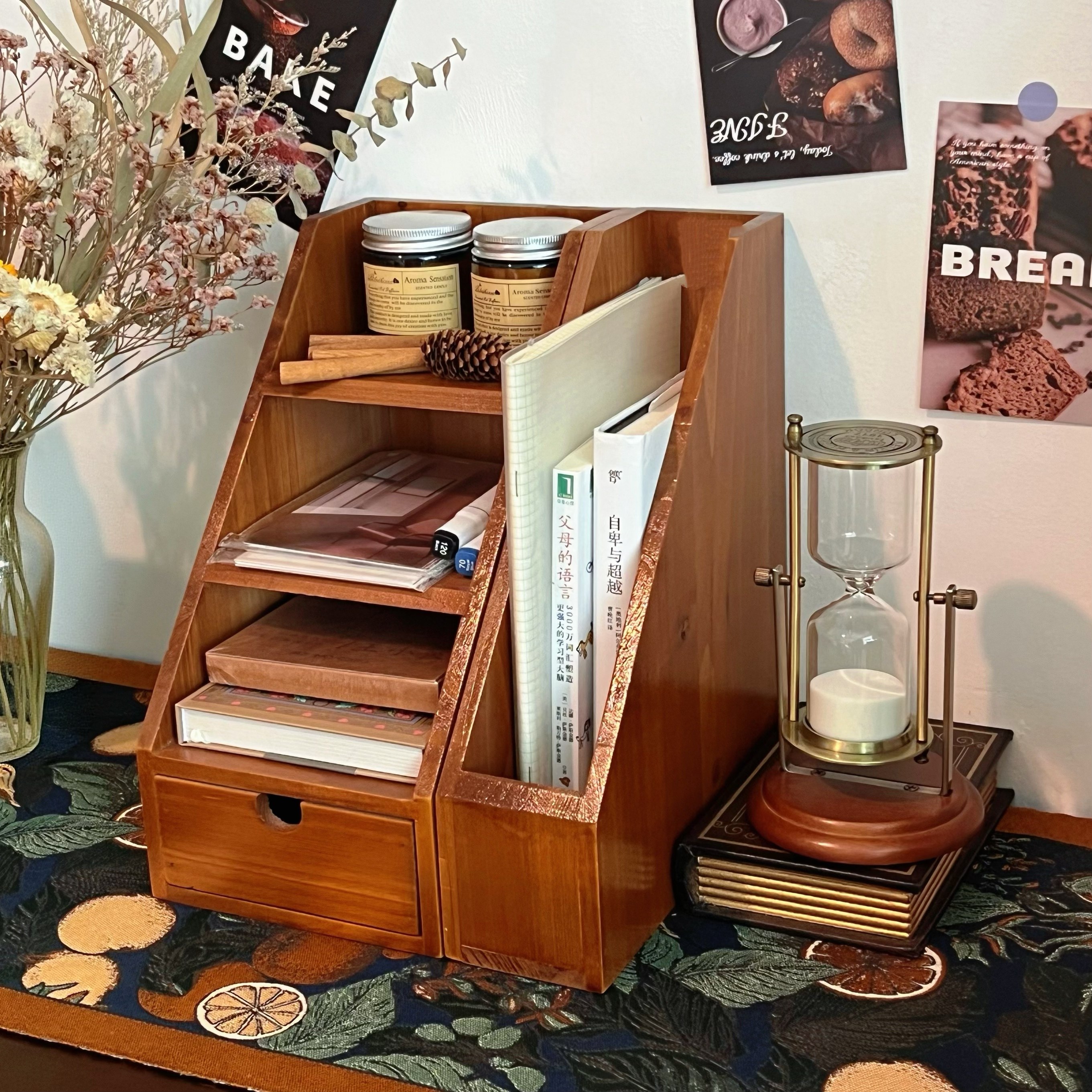 复古实木多层置物架+杂志架组合 桌面多功能收纳盒,收纳整理,桌面收纳盒,淘宝优惠券,粉丝福利购,淘宝优惠卷