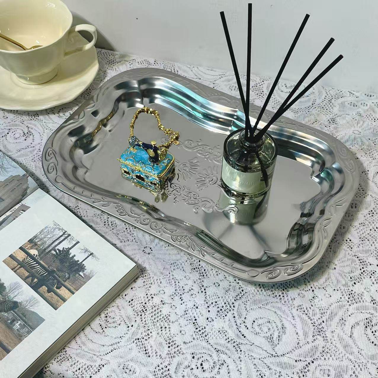 法式浮雕不锈钢托盘 轻奢ins风家用长方形茶盘