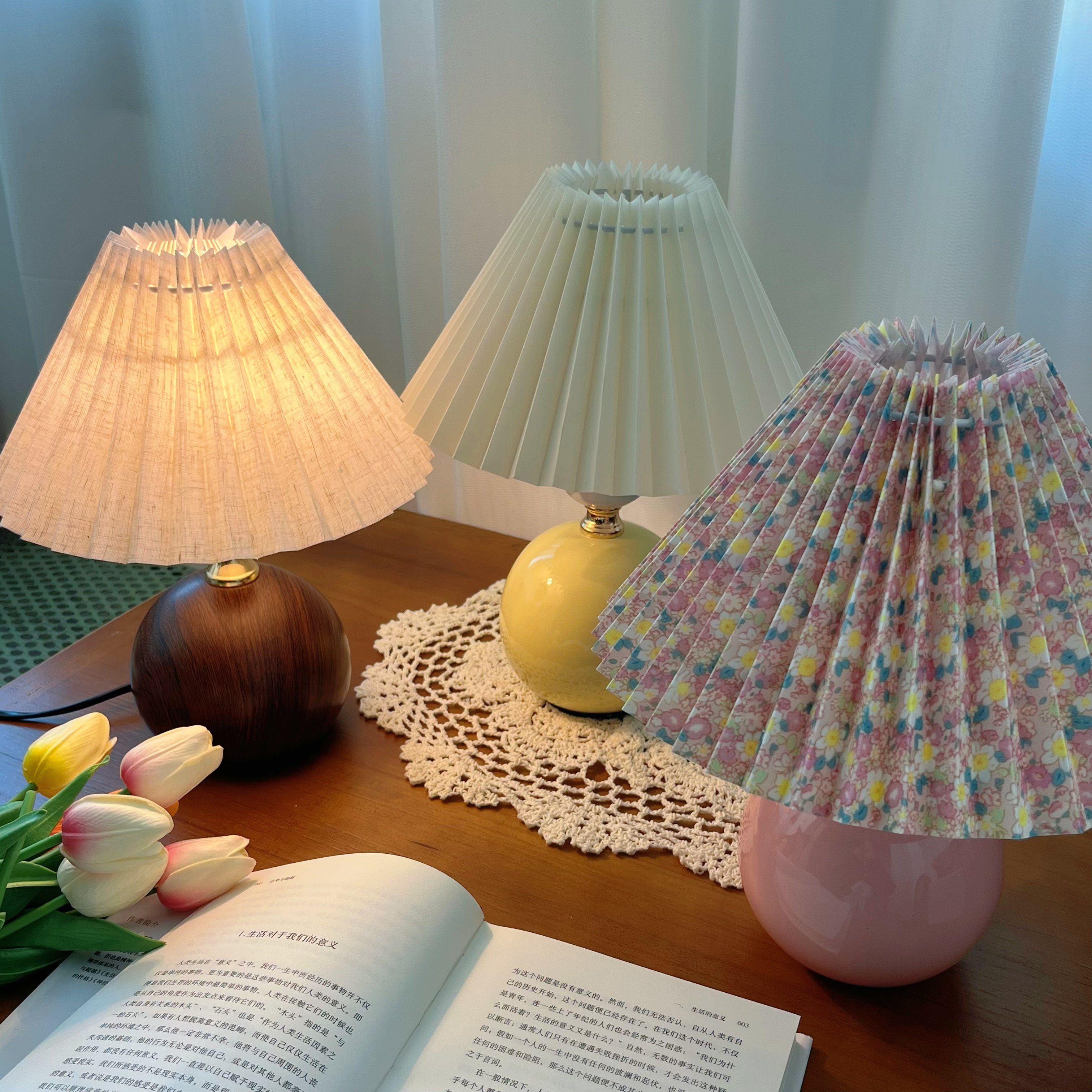 复古百褶台灯三色光 ins风粉色/奶黄色/木纹色陶瓷底座床头灯