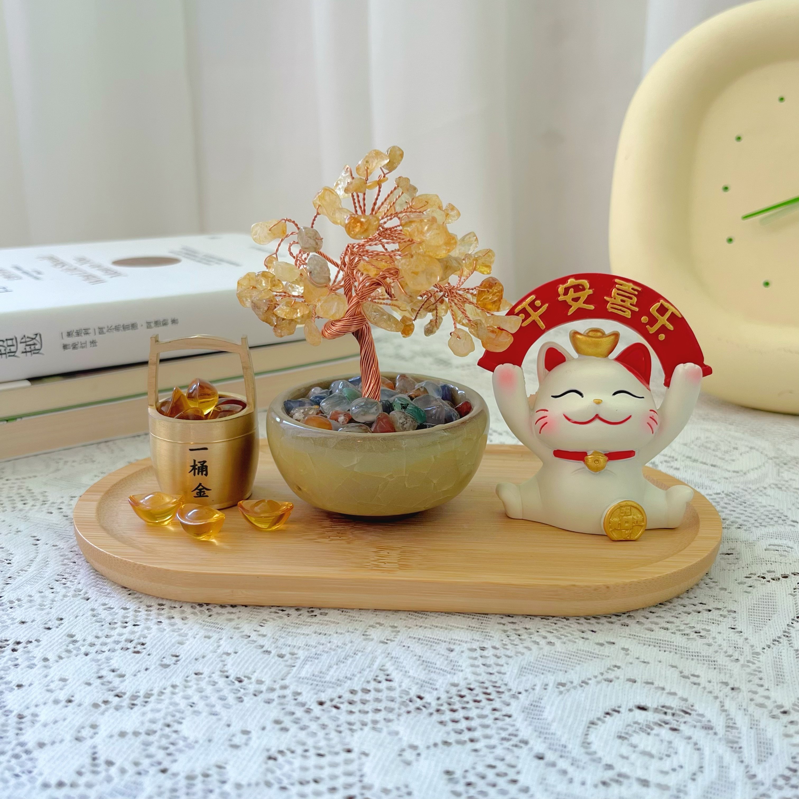 平安喜乐招财猫黄水晶发财树一桶金托盘摆件套装 创意桌面礼物,家居饰品,桌面摆件,淘宝优惠券,粉丝福利购,淘宝优惠卷