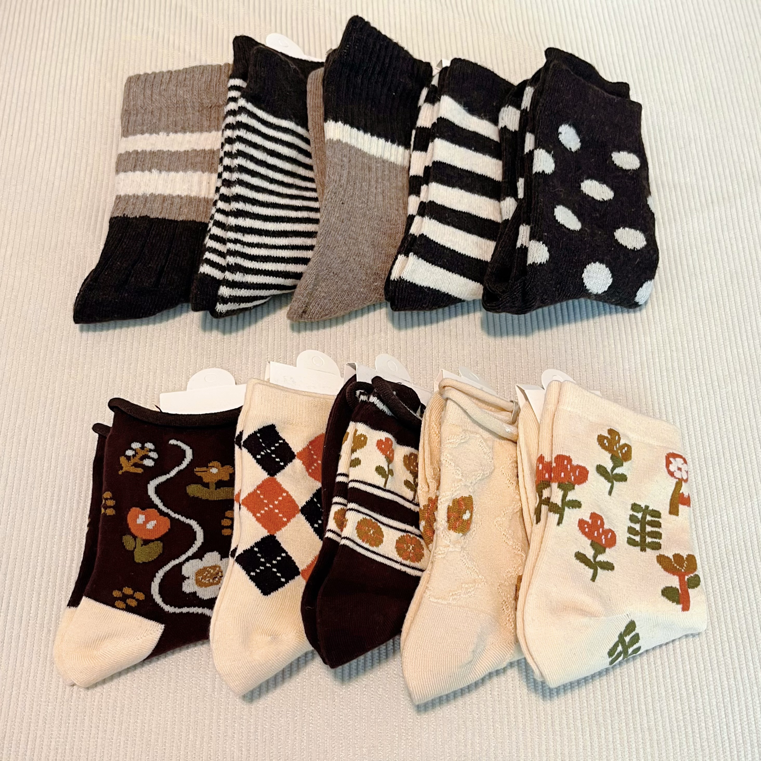 复古花卉菱格提花中筒袜女 日系文艺棉质五双装秋冬百搭袜