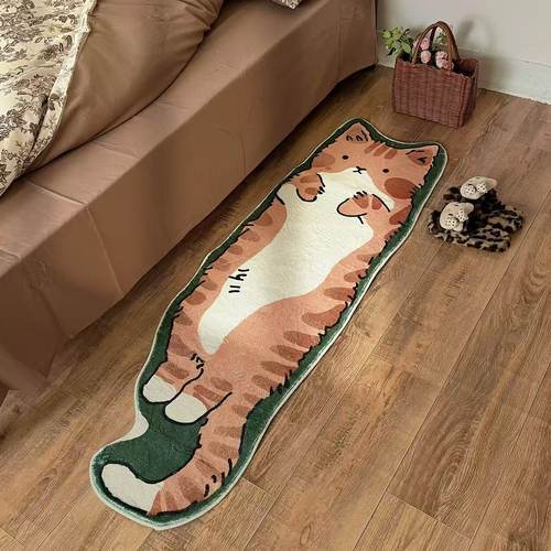可爱橘猫造型卧室地毯 卡通萌趣猫咪床边毯 家用客厅长条地垫