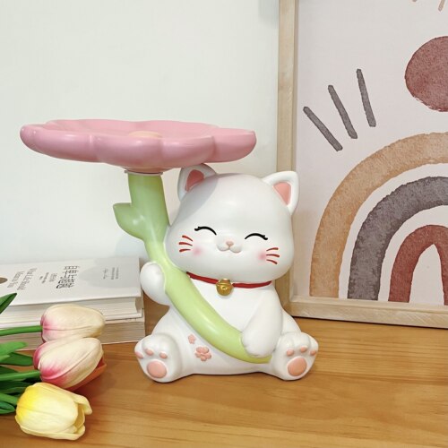 可爱花朵猫咪托盘摆件 树脂入户玄关钥匙收纳盘置物盘