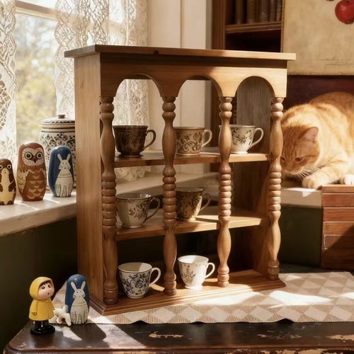 复古实木罗马柱置物架 多层收纳架 客厅卧室做旧实木展示架