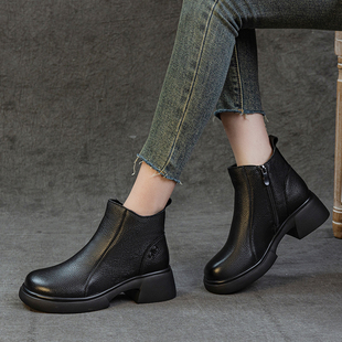 头层牛皮中跟复古手工女皮靴短筒加绒保暖防滑轻便秋冬季简约百搭
